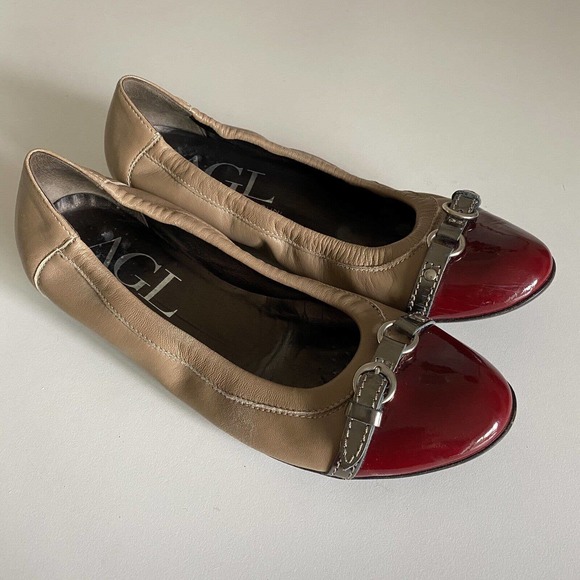 AGL Attilio Giusti Leombruni Ballet Flat Red Cap Toe Beige Leather Class… - Picture 2 of 10